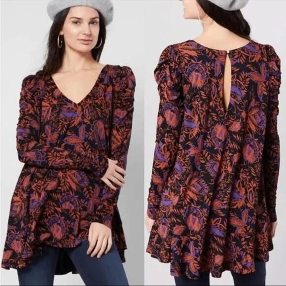 Free People Hey Lover Printed Tunic Ruffle Ruched Sleeve Floral Neutral Size S - Picture 1 of 12
